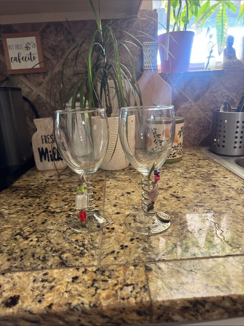 Clear Spiral-Stem Wine Glasses with Multicolor Bead Charms - Set of 2
